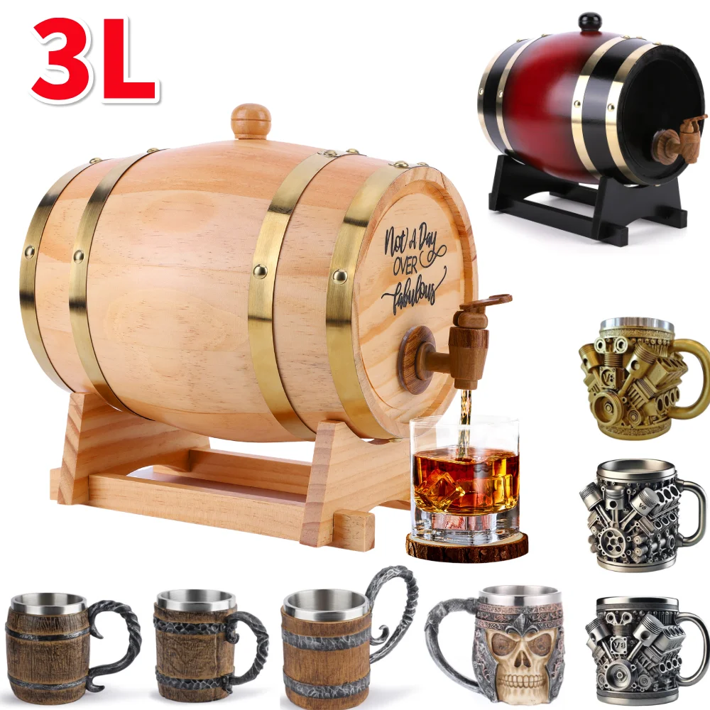 Wine Beer Rum - ถังไม้สำหรับวิสกี้ขนาด 3 ลิตร พร้อมขาตั้ง ฝาปิด และก๊อก